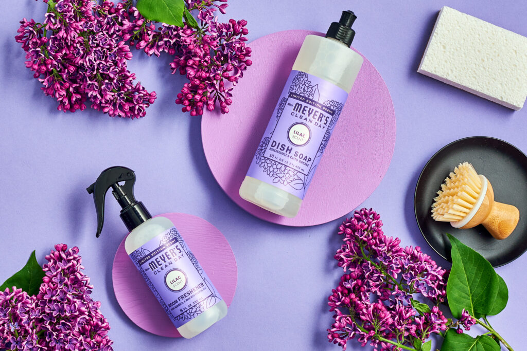 Meyer's Clean Day lilac-scented products with fresh lilacs